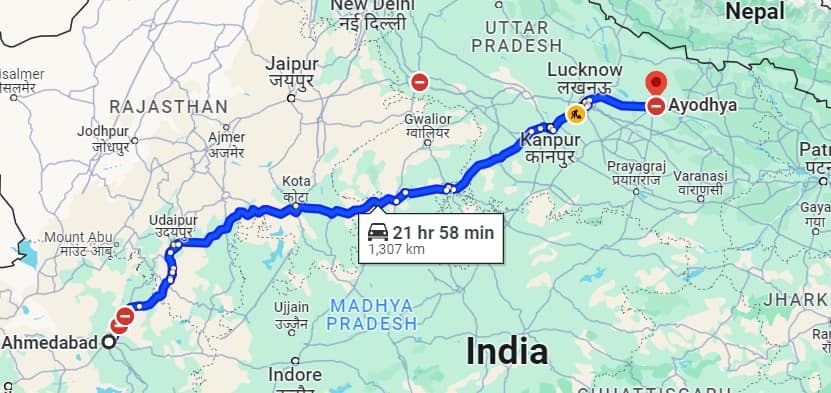 Ahmedabad to Ayodhya Route Map